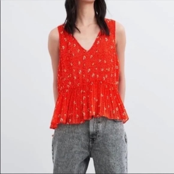 ZARA Red Floral Daisy Printed Pleated Sleeveless Blouse V-Neck Top Size Small - Picture 1 of 14
